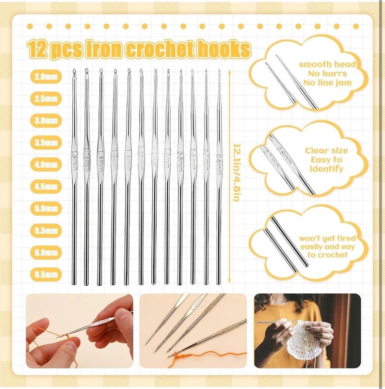 May include: A set of 12 iron crochet hooks, ranging from 2.0mm to 6.5mm, with a total length of 12.1 inches. The image highlights features like smooth heads, clear size identification, and ease of use. The text reads "12 pcs iron crochet hooks."