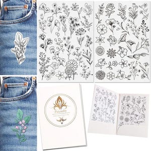 May include: An assortment of floral embroidery pattern sets. The image shows two sheets of black and white floral line drawings, two embroidered patches on denim, and a booklet with the text "Patemby Embroidery Pattern Set".
