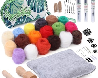 Mother’s Day Needle Felting Kit – Starter Needlework Craft Kit with 18 Wool Colors, Felting Tools & Green Storage Bag, DIY Art Project Gift