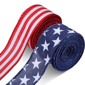 2 Rolls 1.5 inch 20 Yard Red White and Blue Ribbon Patriotic Star and Striped Wired Royal USA Ribbon for 4th of July, Independence Day craft