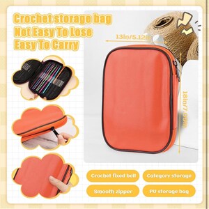 May include: An orange PU storage bag for crochet supplies. The bag is rectangular with a black zipper and trim. The bag is 18 inches (7.09 cm) tall and 13 inches (5.12 cm) wide. The text on the image says "Crochet storage bag, Not Easy To Lose, Easy To Carry."