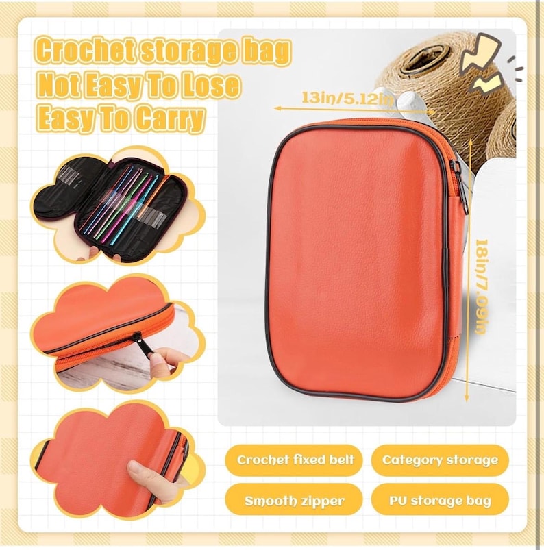 May include: An orange PU storage bag for crochet supplies. The bag is rectangular with a black zipper and trim. The bag is 18 inches (7.09 cm) tall and 13 inches (5.12 cm) wide. The text on the image says "Crochet storage bag, Not Easy To Lose, Easy To Carry."