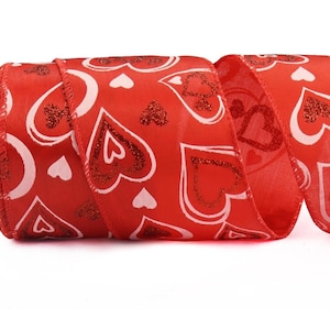 2.48 inch x 10 Yards Valentine&#39;s Day Wired Ribbons for Wreath Bows Wrapping Gifts, Red Satin Heart Ribbons for Wedding Decoration DIY Crafts