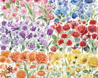 May include: A collection of floral stickers featuring a variety of blooms in pink, blue, purple, red, orange, and yellow. The assortment includes roses, tulips, poppies, and wildflowers with green stems and leaves, arranged in a dense pattern.