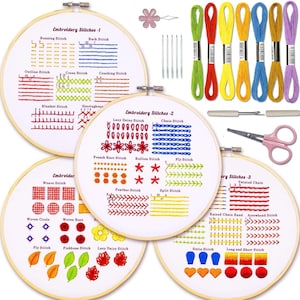 May include: Set of four embroidery hoops with different embroidery stitches illustrated on each hoop. The hoops are made of wood and have a white background. The stitches are labeled with their names and numbers. The set also includes embroidery needles, thread, and a threader.
