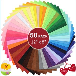 May include: A fan of 50 sheets of colorful felt paper, each measuring 12" x 8". The felt sheets are arranged in a rainbow of colors, including pink, orange, yellow, green, and blue. An Easter egg and two heart-shaped ornaments are also visible.
