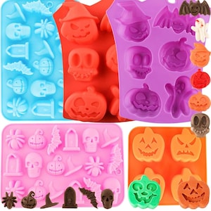 May include: A collection of colorful silicone molds in blue, red, purple, pink, and orange, featuring Halloween-themed shapes. The molds include pumpkins, skulls, bats, ghosts, and witch hats, perfect for crafting spooky treats.