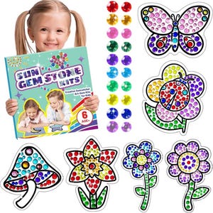 May include: A set of six colorful suncatcher kits featuring a butterfly, ladybug, mushroom, and three flowers. Each kit includes a pre-designed adhesive sheet and colorful gems to create a sparkling suncatcher. The packaging includes the text "Sun Gem Stone Kits" and "Creative Suncatcher Art-Gem Kits for Kids".