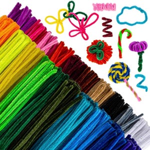 May include: A collection of colorful pipe cleaners in various shades, including orange, purple, green, and blue. Several pipe cleaner creations are also displayed, such as flowers, spirals, and a lollipop. These craft supplies are ideal for DIY projects.