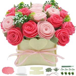 DIY Felt Flower Craft Kit, Felt Pink Rose Bouquet Kit, Floral Gifts, Arrange Pre-Cut Felt Flowers and Foliage for Mothers Day Gift Ideas.