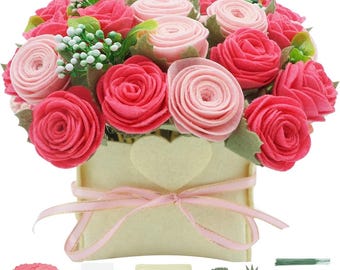 Mother’s Day Gift, DIY Felt Flower Kit Pink Rose Bouquet, Pre-Cut Flowers & Foliage, Craft Kit for Adults, Floral Arrangement Kit