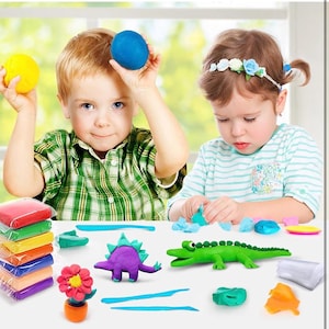 May include: Two children playing with colorful modeling clay. The scene includes a variety of clay colors, including red, yellow, blue, and green. There are also clay creations, such as a dinosaur, a flower, and a crocodile.