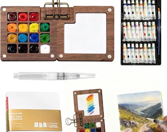 Portable Travel Watercolor Set Kit – Paint Palette, Brushes & Sketch Notebook, DIY Painting Supply for Beginners, Kids, Adults, Fathers Day