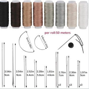 May include: A selection of sewing supplies, including spools of thread in various colours, needles of different sizes, and curved needles. The image also shows a black button. The text "per roll: 50 metres" is visible.