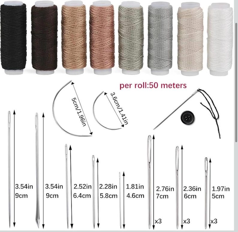 May include: A selection of sewing supplies, including spools of thread in various colours, needles of different sizes, and curved needles. The image also shows a black button. The text "per roll: 50 metres" is visible.