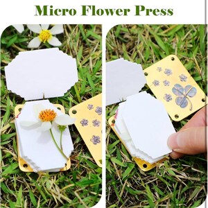 以下が含まれることがあります： 白い紙のインサートが付いた金色の金属製のフラワープレス。プレスが開いており、小さな白い花が中に置かれています。プレスは緑の芝生の上にあります。