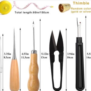 May include: A selection of sewing tools, including a yellow tape measure (150cm), thimble, seam ripper, scissors, and awls. The image shows the length of each tool in inches and centimeters.