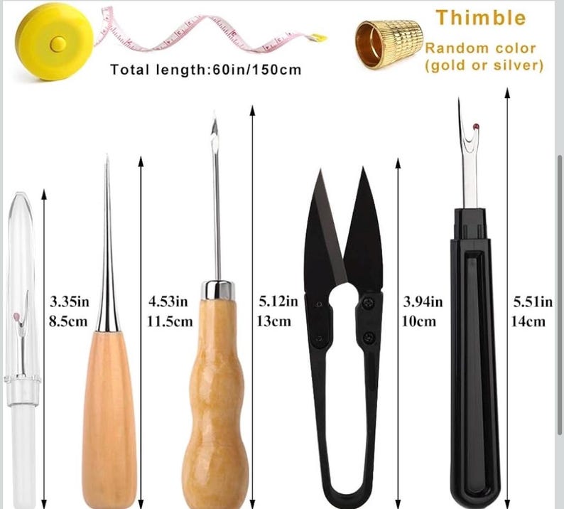 May include: A selection of sewing tools, including a yellow tape measure (150cm), thimble, seam ripper, scissors, and awls. The image shows the length of each tool in inches and centimeters.