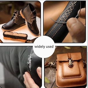 May include: A collage demonstrating leatherwork. It features black and grey leather shoes, a leather bag, leather repair, and a close-up of hand-stitched leather. The text "widely used" is in the centre.