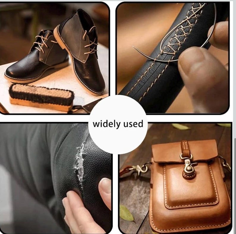 May include: A collage demonstrating leatherwork. It features black and grey leather shoes, a leather bag, leather repair, and a close-up of hand-stitched leather. The text "widely used" is in the centre.