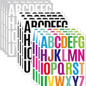 May include: A collection of alphabet letter stickers in various colors and styles. The stickers include white letters on gray backgrounds, black letters on white backgrounds, and colorful letters on white backgrounds. The letters are in a bold, sans-serif font.