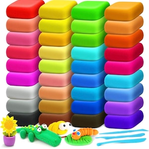 May include: A collection of colorful modeling clay in various shades, including red, yellow, green, orange, pink, and purple. The image also features small clay figures of a sunflower, alligator, and caterpillar, along with blue sculpting tools.