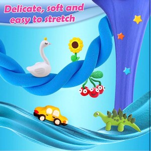 May include: A vibrant image showcasing colorful clay figures and the text "Delicate, soft and easy to stretch." The scene includes a white swan, yellow car, green dinosaur, red cherries, and a yellow sunflower, all set against a blue backdrop.