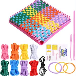 May include: A colorful weaving loom kit with a pink base and a woven square in shades of blue, green, orange, yellow, and purple. Includes bundles of colorful yarn, a pink hook, and instructions. Great for craft projects.