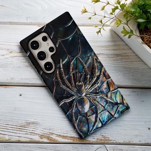Scary Spiderweb 3D Spider Stained Glass Design Tough Phone Case, Halloween Gift, Creepy Arachnid Cover, Spooky, Unique Phone Protection