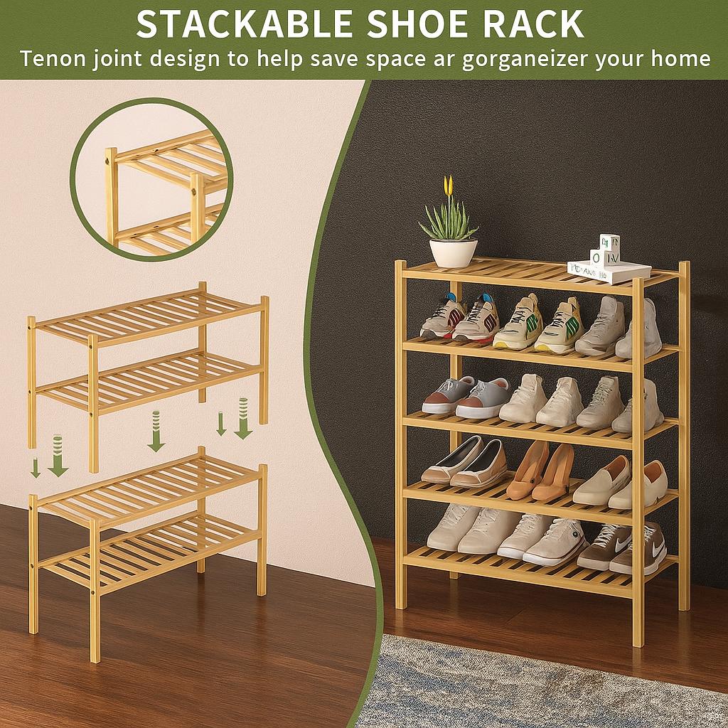 3 Tier Bamboo Shoe Rack, Stackable Wood Shoe Shelf Organizer for ...