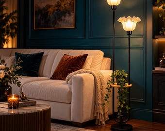 Black Flower Floor Lamp with Table, Dimmable Mid-Century Standing Light (63" Tall)