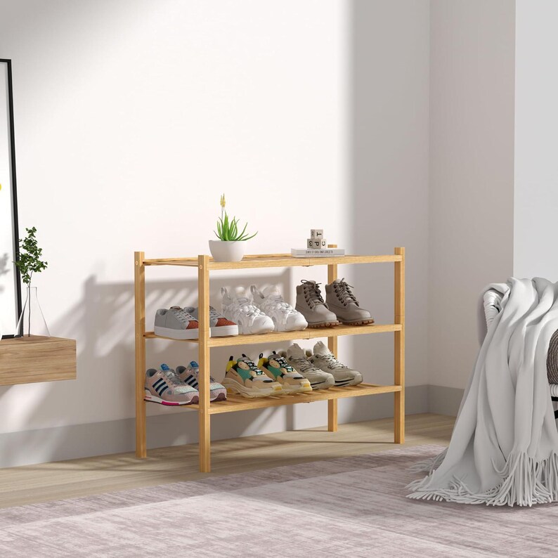 3 Tier Bamboo Shoe Rack, Stackable Wood Shoe Shelf Organizer for ...