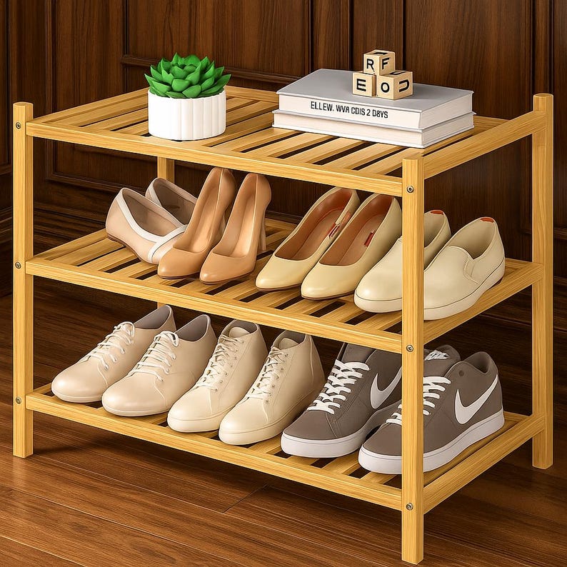 3 Tier Bamboo Shoe Rack, Stackable Wood Shoe Shelf Organizer for ...