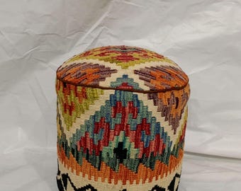 Unique Kilim Rug Pouf Ottoman Foot Stool #124A