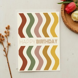 Cartão de aniversário retro das ondas | Para impressão inspirado nos anos 70 | Modelos de PDF A6 e 5"x7" | Tons Terra Boho | Download instantâneo