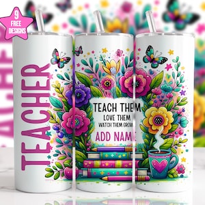 Personalized Teacher 20 oz Skinny Tumbler Wrap PNG,Customed Floral Teacher Tumbler Sublimation Design,Teacher Appreciation Digital Download