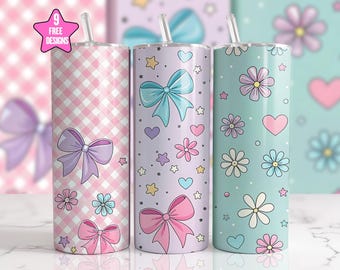 Floral Coquette Bow 20oz Skinny Tumbler Wrap,Sublimation Design,Boho Floral Digital Download PNG,Teacher Tumbler Wrap PNG,Coquette Patchwork