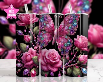 Pink Glittering Butterflies 20oz Skinny Tumbler Sublimation Bright Butterfly Straight Tumbler Wrap Diamond Butterfly Tumbler Wrap PNG