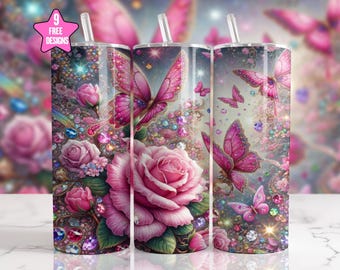 Cute Pink Butterfly 20oz Skinny Tumbler, Girly Tumbler Sublimation Design, Butterfly Tumbler Gift Digital Download, Pink Tumbler Wrap PNG,