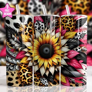 Sunflower Cow 20oz Sublimation Tumbler Designs, Boho Floral Straight Tumbler Wrap,Retro Leopard Print Tumbler Wrap, Digital Download PNG