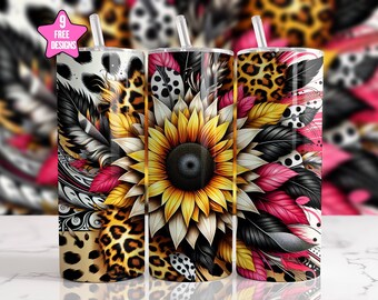 Sunflower Cow 20oz Sublimation Tumbler Designs, Boho Floral Straight Tumbler Wrap,Retro Leopard Print Tumbler Wrap, Digital Download PNG