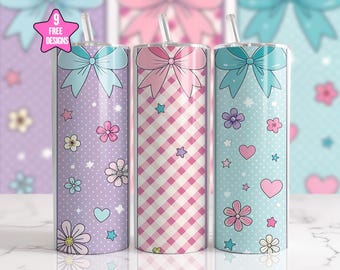 Floral Coquette Bow 20oz Skinny Tumbler Wrap,Sublimation Design,Boho Floral Digital Download PNG,Teacher Tumbler Wrap PNG,Coquette Patchwork