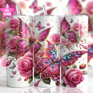 Pink Glittering Butterflies 20oz Skinny Tumbler Sublimation Design,Watercolor Straight Tumbler Wrap,Diamond Butterfly Tumbler Wrap PNG,