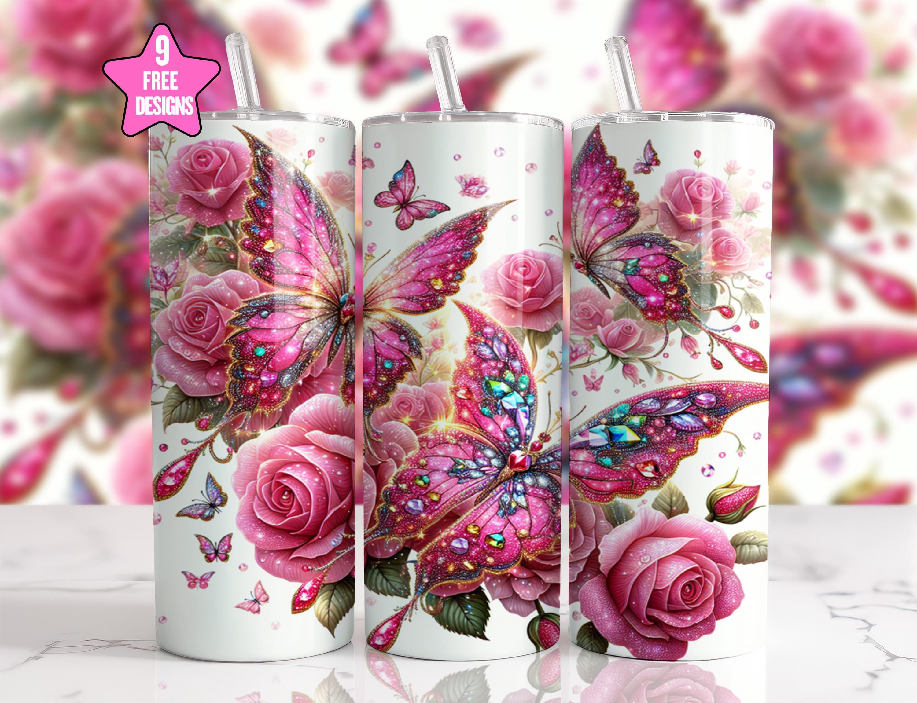 Pink Glittering Butterflies 20oz Skinny Tumbler Sublimation Design,Watercolor Straight Tumbler Wrap,Diamond Butterfly Tumbler Wrap PNG,