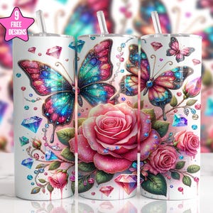 Pink Glittering Butterflies 20oz Skinny Tumbler Sublimation Design, Watercolor Straight Tumbler Wrap,Diamond Butterfly Tumbler Wrap PNG,