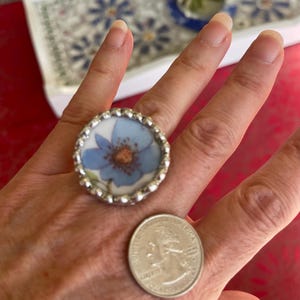 Broken china blue flower ring