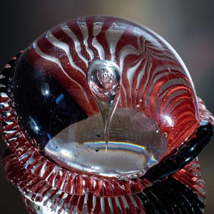 Könnte beinhalten: Eine klare Glasskulptur mit rot-weiß gestreiften Mustern und einem schwarzen Sockel. Das Glas hat ein tropfenförmiges Element, das sich von oben erstreckt, und der Sockel hat ein gerüschtes, strukturiertes Design. Ein abstraktes Dekorationsobjekt.