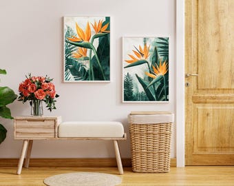 Golden Paradise™ | Bird of Paradise Botanical Wall Art Set of 2 | Tropical Floral Prints | Modern Coastal Decor | Printable Digital Download