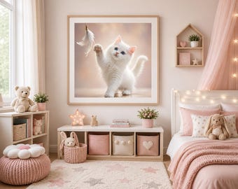Blue-Eyed White Kitten Wall Art Print | Cute Cat Digital Download | Nursery Animal Decor | Whimsical Pet Artwork | Kids Room Printable |