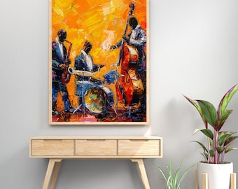 Sunlit Jazz Trio” Vibrant Musician Art Print • Abstract Sax, Drums & Bass Painting • Digital Download